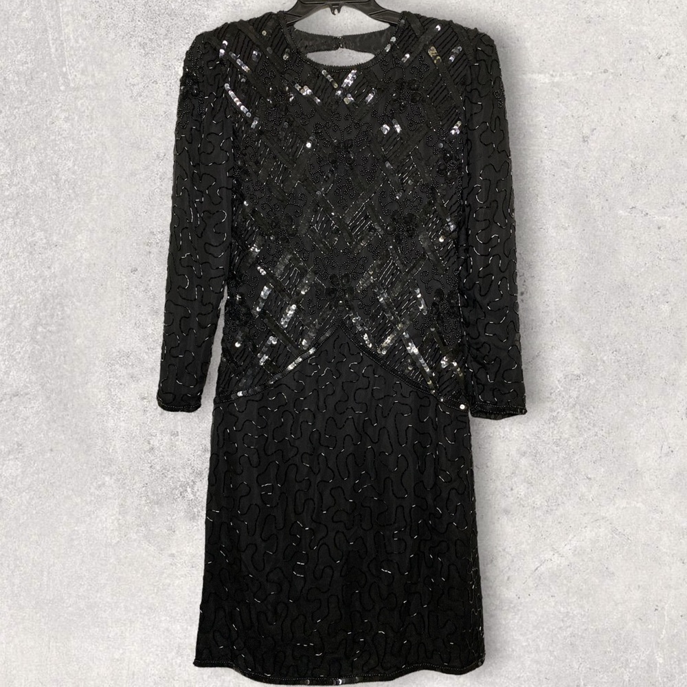 Vintage Sweelo Black Beaded Long Sleeve 100% Silk Dress Evening Gown